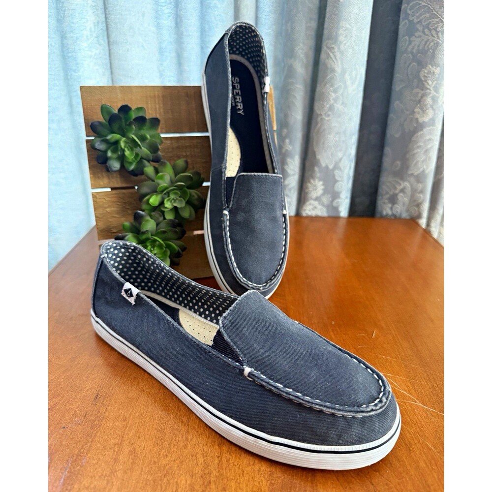 Sperry Top-Sider Womenโs Blue Canvas Slip-On Loafer Flats Polka Dot Sz 8 M